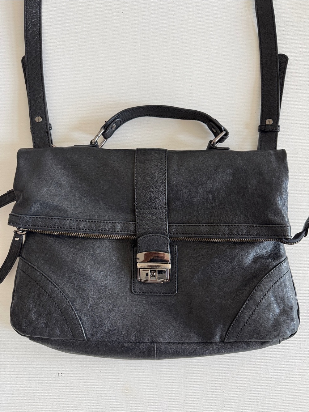 Danier Black Leather Messenger Satchel with Top Handle